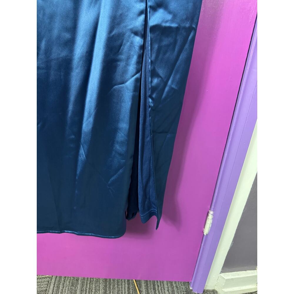 NWT Lulus XL Teal Blue Satin Cowl Neck Midi Dress Side Slit Wedding Guest - Picture 5 of 10